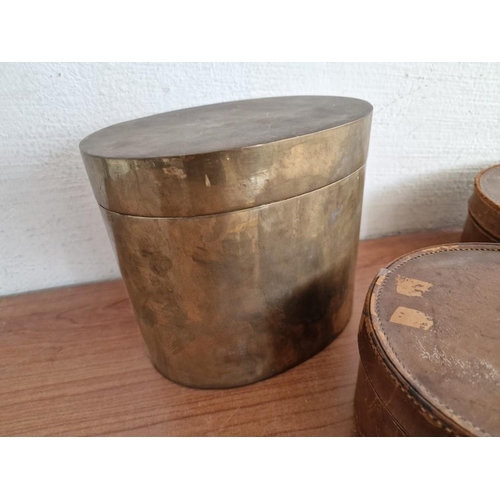 54 - 2 x Vintage Round Leather Boxes / Containers with Lids, Oval Shape Brass Colour Metal Container with... 