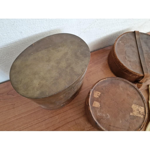 54 - 2 x Vintage Round Leather Boxes / Containers with Lids, Oval Shape Brass Colour Metal Container with... 