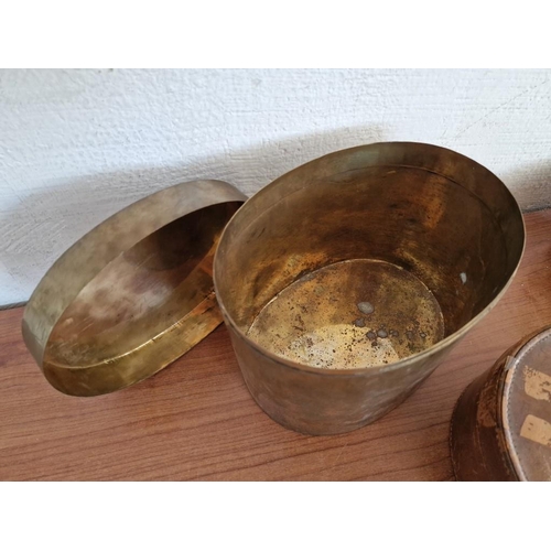 54 - 2 x Vintage Round Leather Boxes / Containers with Lids, Oval Shape Brass Colour Metal Container with... 