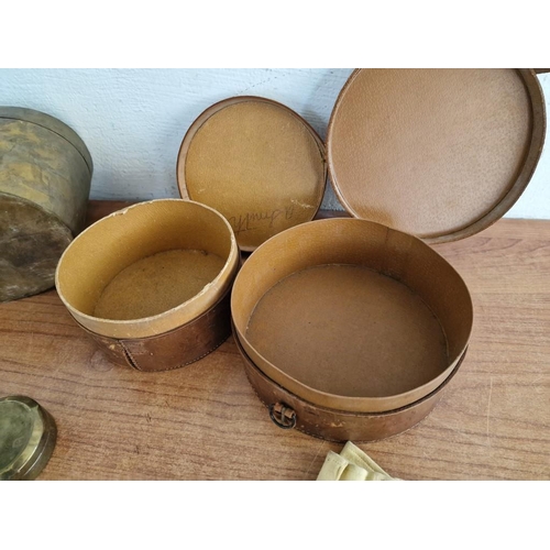 54 - 2 x Vintage Round Leather Boxes / Containers with Lids, Oval Shape Brass Colour Metal Container with... 