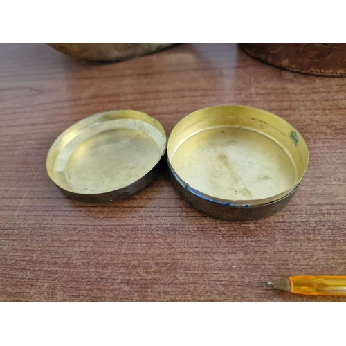 54 - 2 x Vintage Round Leather Boxes / Containers with Lids, Oval Shape Brass Colour Metal Container with... 