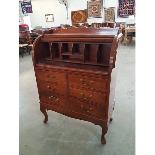 98 - Vintage Mid-Century Roll Top Bureau with 5-Drawers, Decorated with Metal Handles and Removable Small... 
