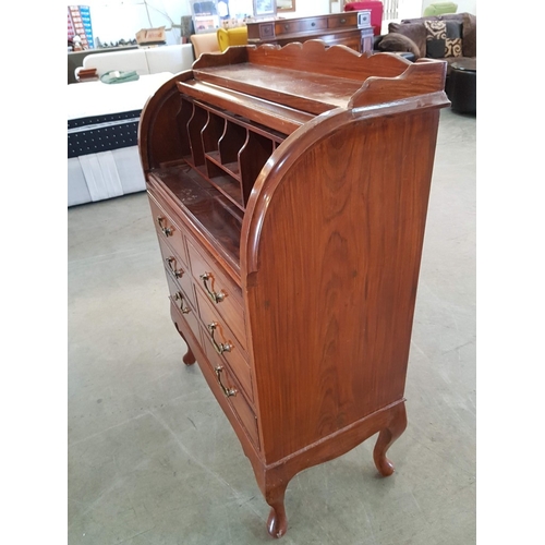 98 - Vintage Mid-Century Roll Top Bureau with 5-Drawers, Decorated with Metal Handles and Removable Small... 