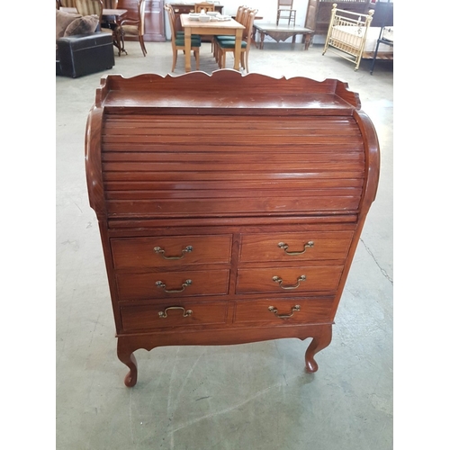 98 - Vintage Mid-Century Roll Top Bureau with 5-Drawers, Decorated with Metal Handles and Removable Small... 