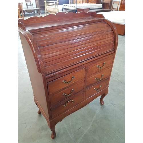 98 - Vintage Mid-Century Roll Top Bureau with 5-Drawers, Decorated with Metal Handles and Removable Small... 