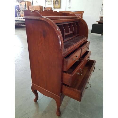 98 - Vintage Mid-Century Roll Top Bureau with 5-Drawers, Decorated with Metal Handles and Removable Small... 