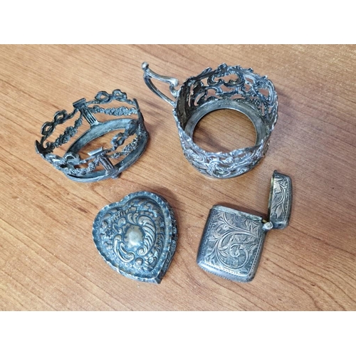 59 - Antique Silver Vesta Case (Match Case), Decorative Silver Heart Shaped Lidded Trinket Dish / Pill Po... 
