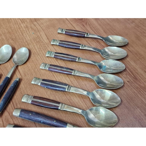 62 - Collection of Thailand Bronze / Brass Cutlery with Wooden Handles; 6 x Tea Spoons, 6 x Desert Spoons... 