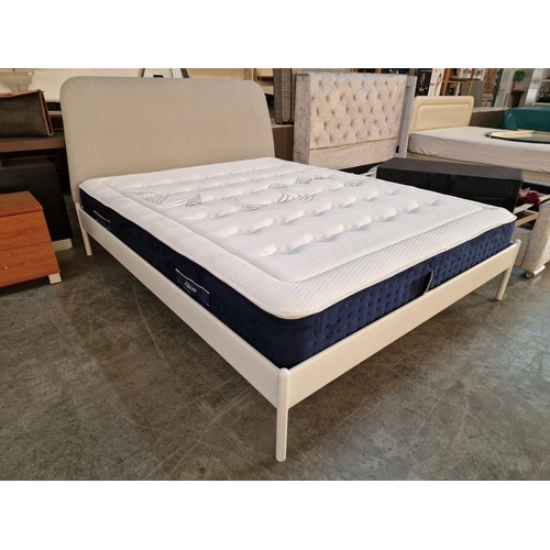 63 - Double Bed with White Metal Frame, Padded Fabric Headboard and Very Clean 'Dupen' Orthopedic Mattres... 
