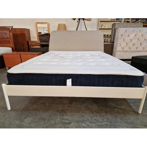 63 - Double Bed with White Metal Frame, Padded Fabric Headboard and Very Clean 'Dupen' Orthopedic Mattres... 