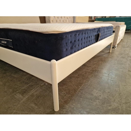 63 - Double Bed with White Metal Frame, Padded Fabric Headboard and Very Clean 'Dupen' Orthopedic Mattres... 