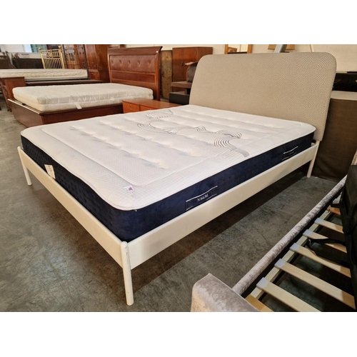 63 - Double Bed with White Metal Frame, Padded Fabric Headboard and Very Clean 'Dupen' Orthopedic Mattres... 
