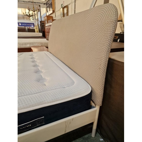 63 - Double Bed with White Metal Frame, Padded Fabric Headboard and Very Clean 'Dupen' Orthopedic Mattres... 