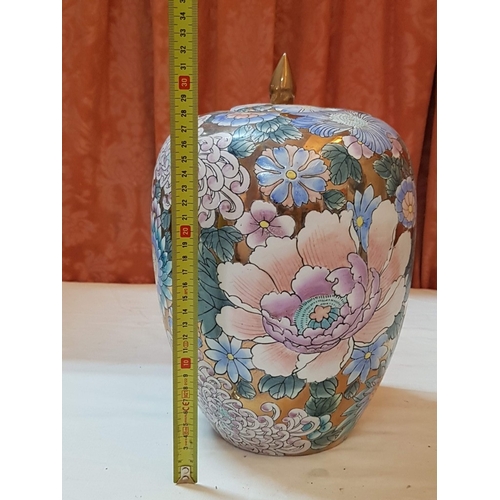 96 - Toyo Pottery, Asian Huge Ginger Jar/Urn with Lid (Chinese Chrysanthemum Pattern), Approx. H: 33.5cm ... 