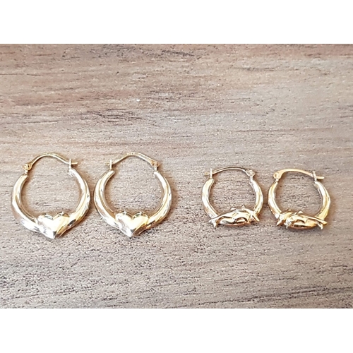 72 - 2x Pair of 9ct Yellow Gold Hoop Earrings; Heart Motif Design and Dolphins Design, Approx. 1g.  (2+2)