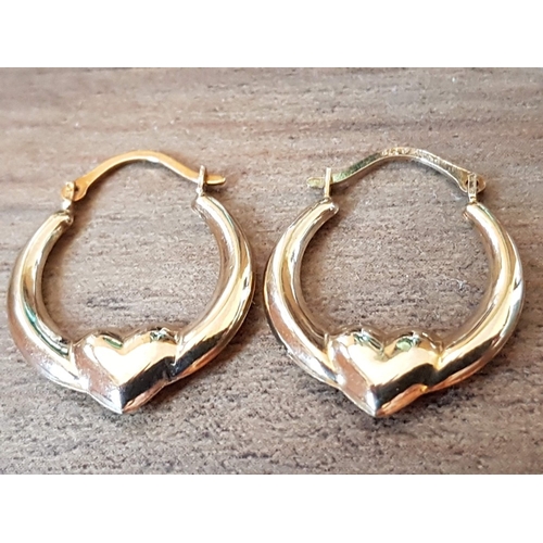 72 - 2x Pair of 9ct Yellow Gold Hoop Earrings; Heart Motif Design and Dolphins Design, Approx. 1g.  (2+2)