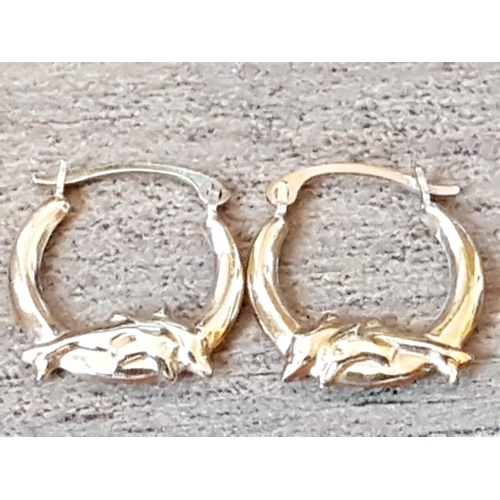72 - 2x Pair of 9ct Yellow Gold Hoop Earrings; Heart Motif Design and Dolphins Design, Approx. 1g.  (2+2)