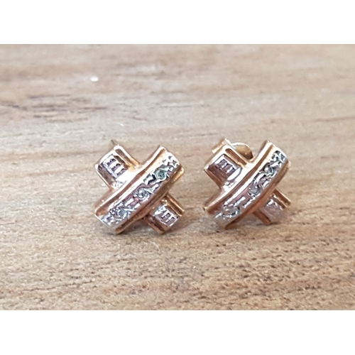 76 - Cross Shape, Stud Type Pair of 14ct Yellow Gold Earring, Decorated with Tiny Diamond, Approx. 1.1g.