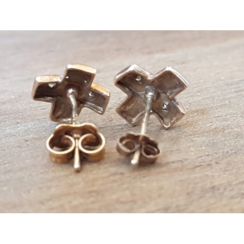 76 - Cross Shape, Stud Type Pair of 14ct Yellow Gold Earring, Decorated with Tiny Diamond, Approx. 1.1g.