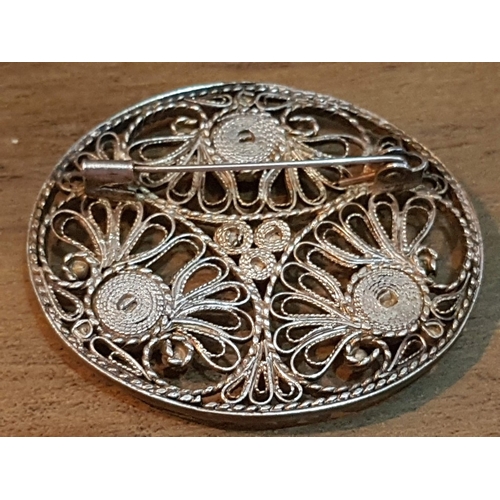 95 - Silver Stylish Jewelry; 2x Silver (700) Filigree Design Brooches Decorated with Red and White Stones... 