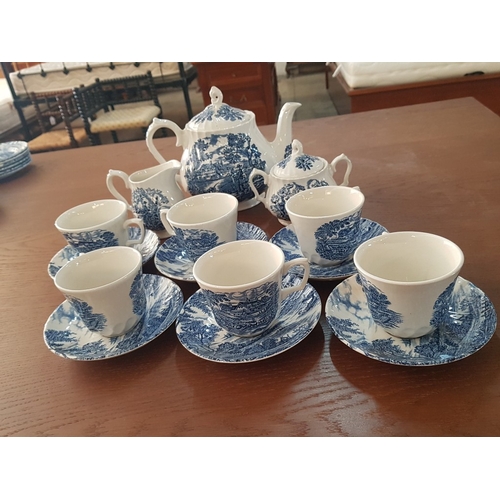 79 - Vintage Style Porcelain Blue & White Coffee Set; Inc. Coffee Pot, Creamer, Sugar Bowl with Lid and 6... 