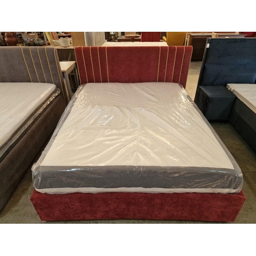 28 - Double Bed with Burgundy / Red Fabric Surround and Padded Headboard with Gold Tone Piping, Together ... 