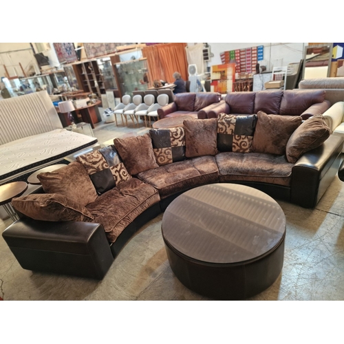 89 - Superb 3-Piece Sectional Curved Sofa in Brown Leather with Large Fabric Seat Cushions and Compliment... 