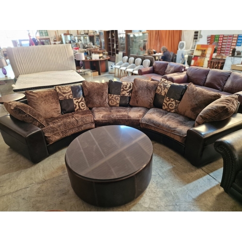 89 - Superb 3-Piece Sectional Curved Sofa in Brown Leather with Large Fabric Seat Cushions and Compliment... 