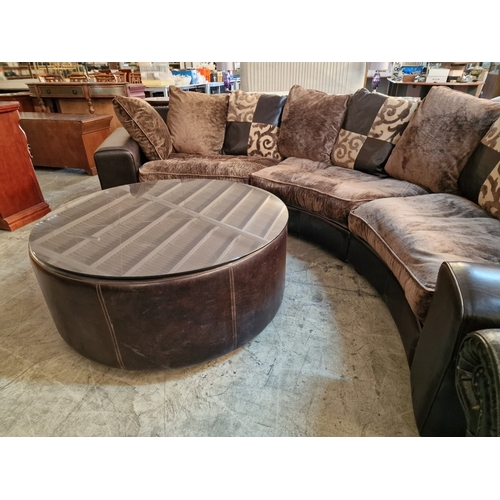 89 - Superb 3-Piece Sectional Curved Sofa in Brown Leather with Large Fabric Seat Cushions and Compliment... 