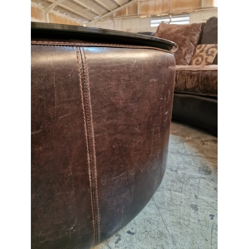 89 - Superb 3-Piece Sectional Curved Sofa in Brown Leather with Large Fabric Seat Cushions and Compliment... 