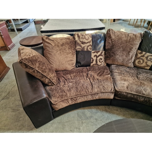 89 - Superb 3-Piece Sectional Curved Sofa in Brown Leather with Large Fabric Seat Cushions and Compliment... 