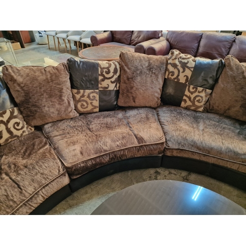 89 - Superb 3-Piece Sectional Curved Sofa in Brown Leather with Large Fabric Seat Cushions and Compliment... 