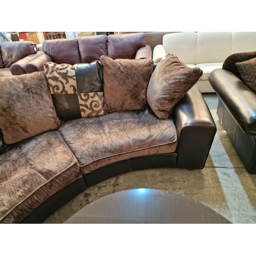 89 - Superb 3-Piece Sectional Curved Sofa in Brown Leather with Large Fabric Seat Cushions and Compliment... 