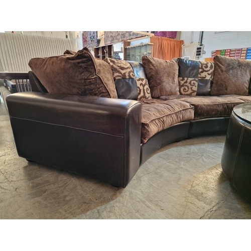 89 - Superb 3-Piece Sectional Curved Sofa in Brown Leather with Large Fabric Seat Cushions and Compliment... 