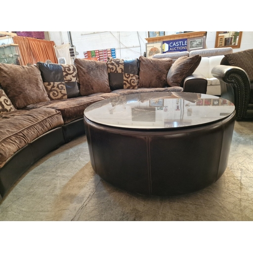 89 - Superb 3-Piece Sectional Curved Sofa in Brown Leather with Large Fabric Seat Cushions and Compliment... 