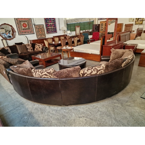 89 - Superb 3-Piece Sectional Curved Sofa in Brown Leather with Large Fabric Seat Cushions and Compliment... 