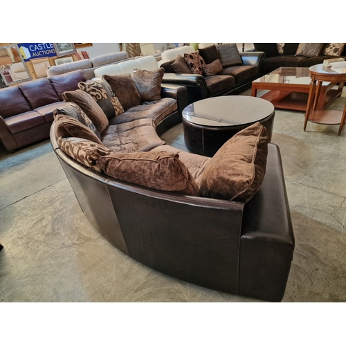 89 - Superb 3-Piece Sectional Curved Sofa in Brown Leather with Large Fabric Seat Cushions and Compliment... 