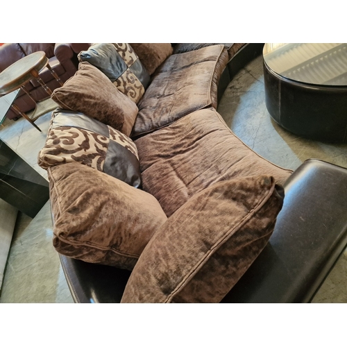 89 - Superb 3-Piece Sectional Curved Sofa in Brown Leather with Large Fabric Seat Cushions and Compliment... 