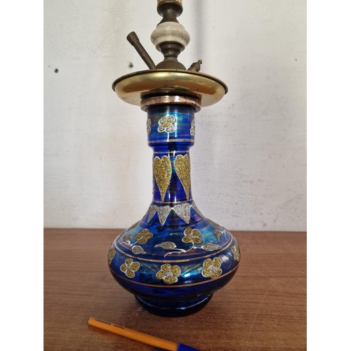14 - Decorative Shisha Pipe with Hand Painted Blue Glass Base, (Approx. H: 76cm)