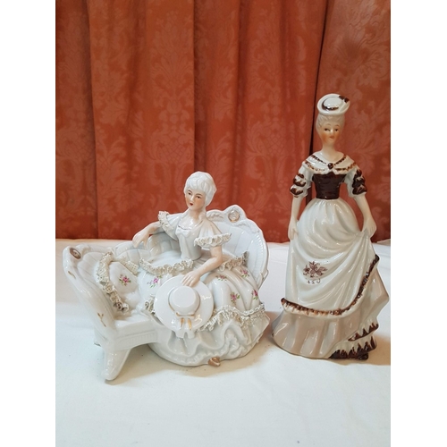 518 - 2x Vintage Style Porcelain Figurines; 'Marquise' Dresden Lace Style Figurine (H: 15.5cm) and Lady in... 