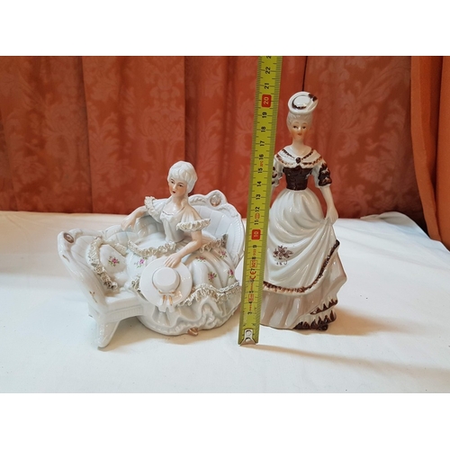 518 - 2x Vintage Style Porcelain Figurines; 'Marquise' Dresden Lace Style Figurine (H: 15.5cm) and Lady in... 