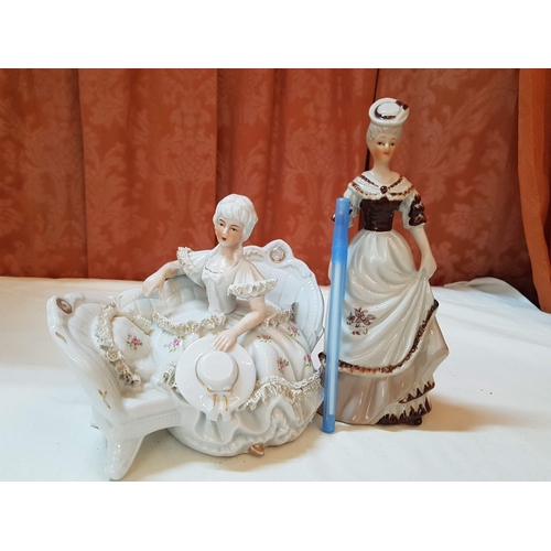 518 - 2x Vintage Style Porcelain Figurines; 'Marquise' Dresden Lace Style Figurine (H: 15.5cm) and Lady in... 