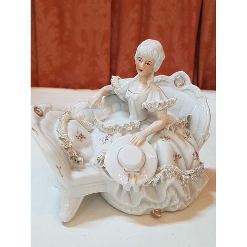 518 - 2x Vintage Style Porcelain Figurines; 'Marquise' Dresden Lace Style Figurine (H: 15.5cm) and Lady in... 