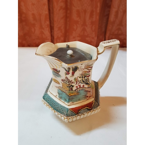 10 - Antique Gate Hall & Co hand painted coloured Willow pattern hexagonal hot water jug with pewter flip... 