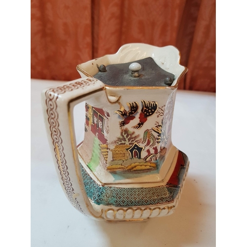 10 - Antique Gate Hall & Co hand painted coloured Willow pattern hexagonal hot water jug with pewter flip... 