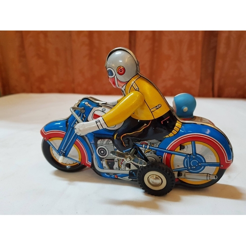 17 - Mid 20th century clockwork motor bike & sidecar Ollie Nygren rode one like this, working when listed... 