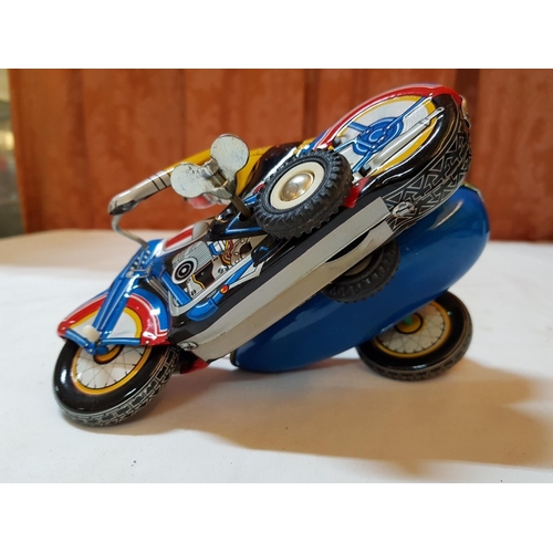 17 - Mid 20th century clockwork motor bike & sidecar Ollie Nygren rode one like this, working when listed... 