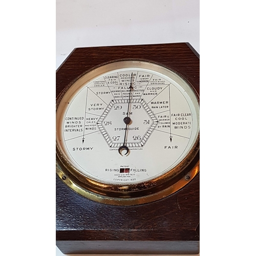22 - 1930’s dark oak hexagonal framed barometer by S & M Stormoguide – 13cm dial, 23cm x 20 overall