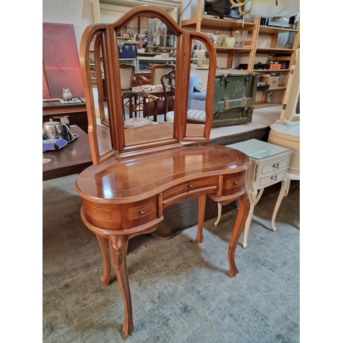 Vintage Wooden Kidney Shape Dressing Table with 3-Drawers, Cabriole Legs  and 3-Part Mirror Over, (Ap