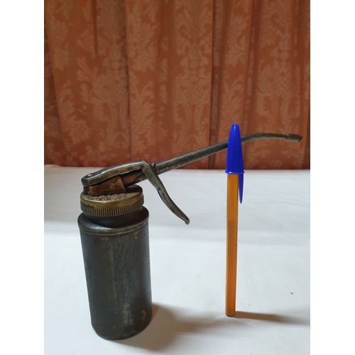 124 - 2 vintage pump action oil cans & ½ pint oil pourer jug , oil cans – 26cm & 15 cm high and pourer – 1... 